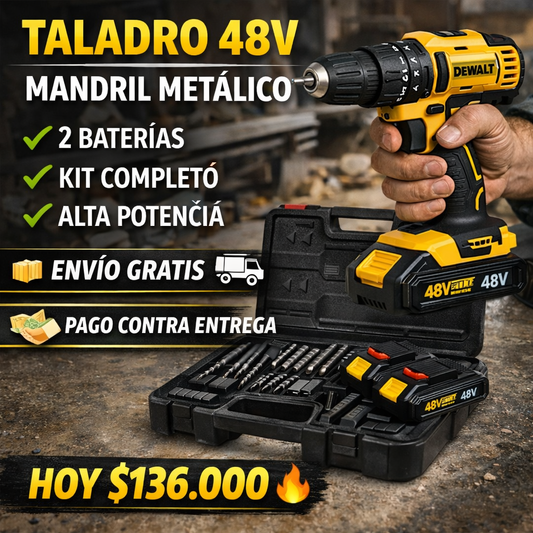 TALADRO INALÁMBRICO 48V - 2 BATERÍAS + MALETÍN + 34 ACCESORIOS